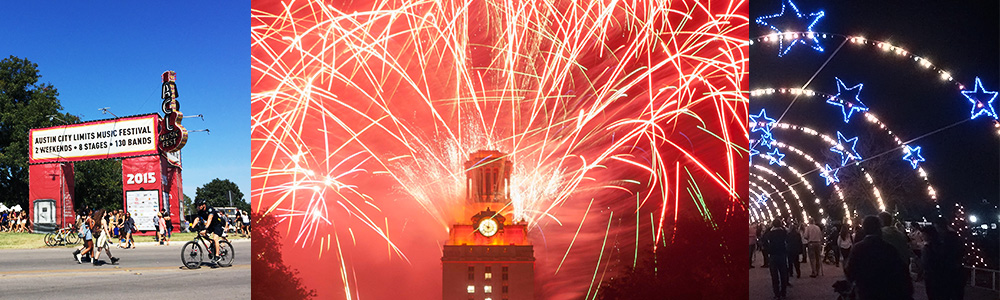 Composite image of Austin events showing red fireworks over the UT tower, the Austin City Limits festival, and winter light displays