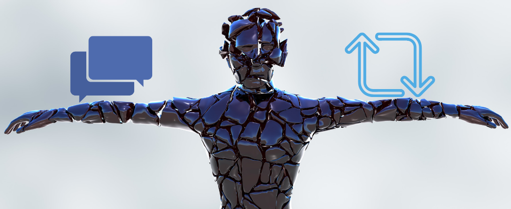 Metal humanoid robot with arms spread wide in front of messaging and sharing icons 