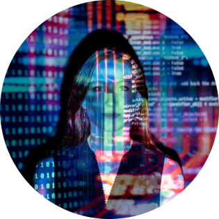 woman&#039;s face with colorful lights and code overlaid