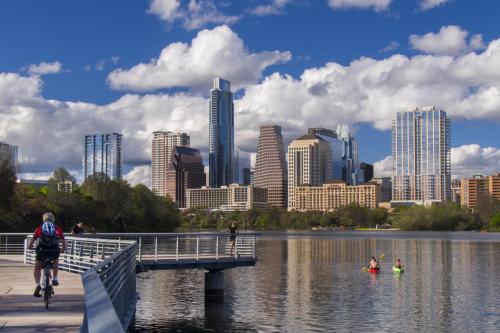 The Austin, Texas downtown skyline over the Colorado River and Lady Bird Lake