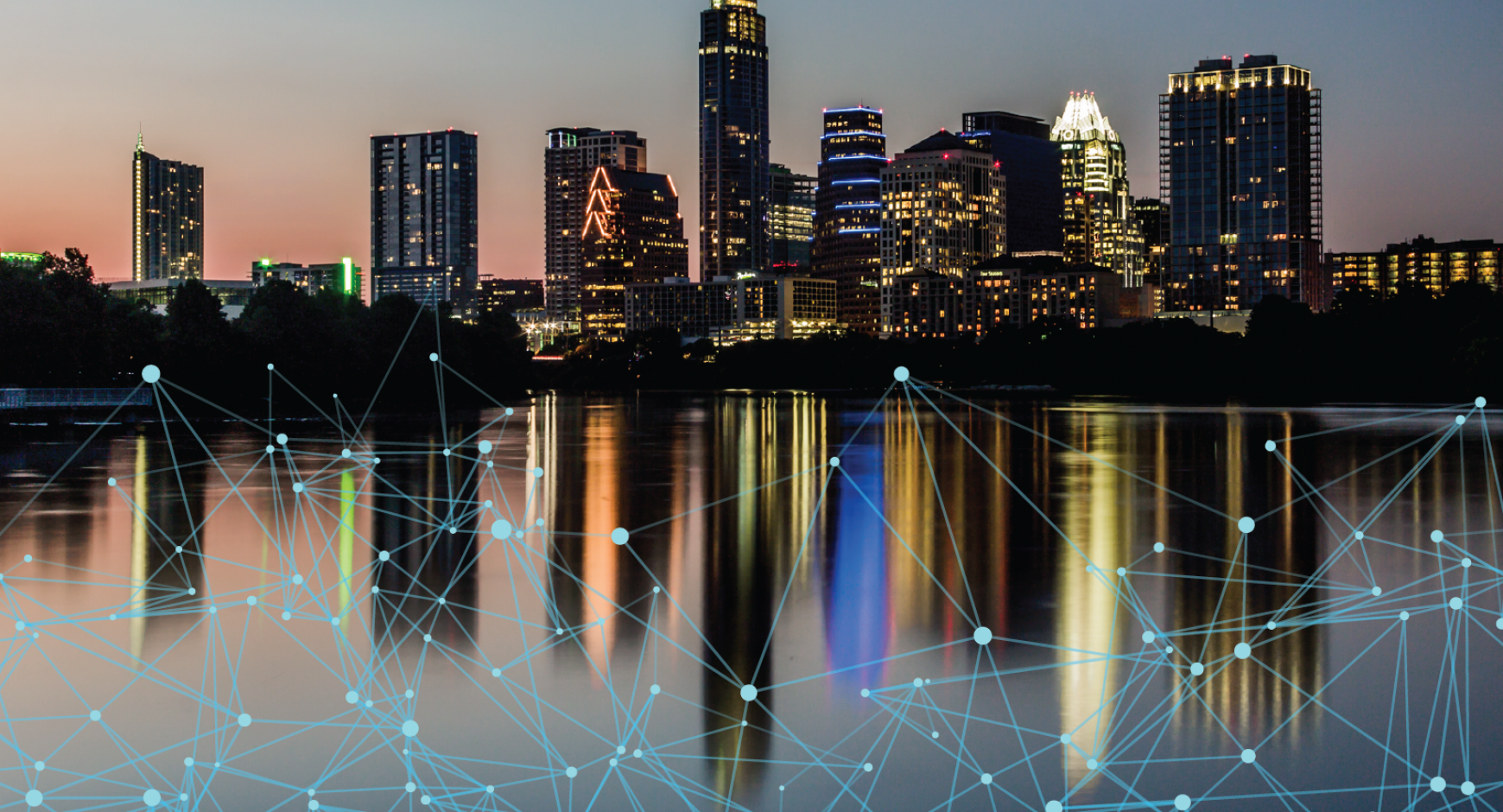 Austin skyline during evening overlaid with a graphic of a network web