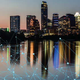 Austin skyline during evening overlaid with a graphic of a network web
