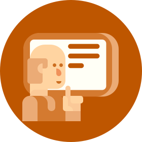 Circular orange icon showing a man pointing to a board